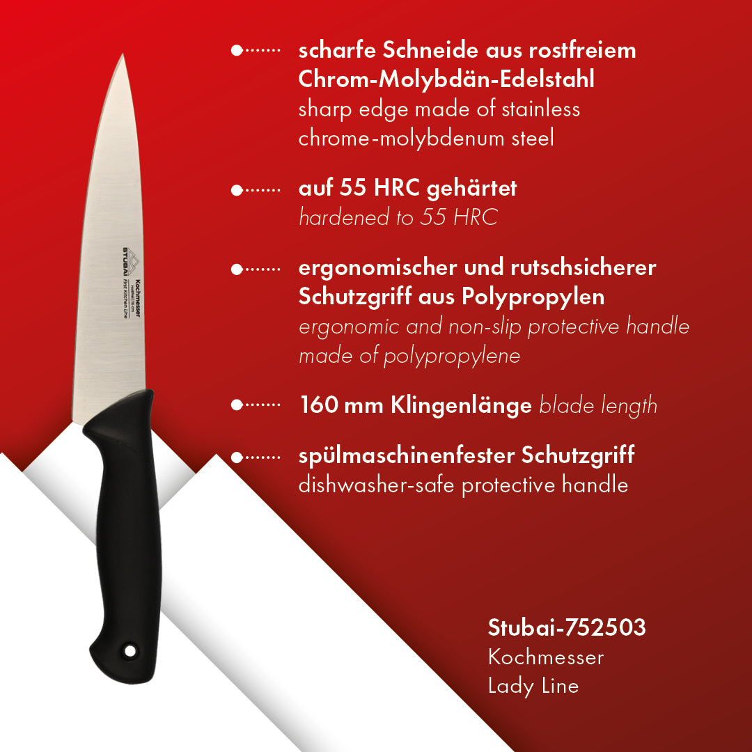 STUBAI hochwertiges Kochmesser Mittelspitz | 160 mm | Küchenmesser Lady Line aus Edelstahl für Schneiden von Fleisch, Gemüse, Obst & Lebensmitteln, rostfrei, spülmaschinenfest