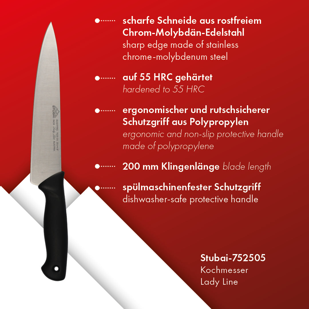 STUBAI hochwertiges Kochmesser Mittelspitz | 200 mm | Küchenmesser Lady Line aus Edelstahl für Schneiden von Fleisch, Gemüse, Obst & Lebensmitteln, rostfrei, spülmaschinenfest