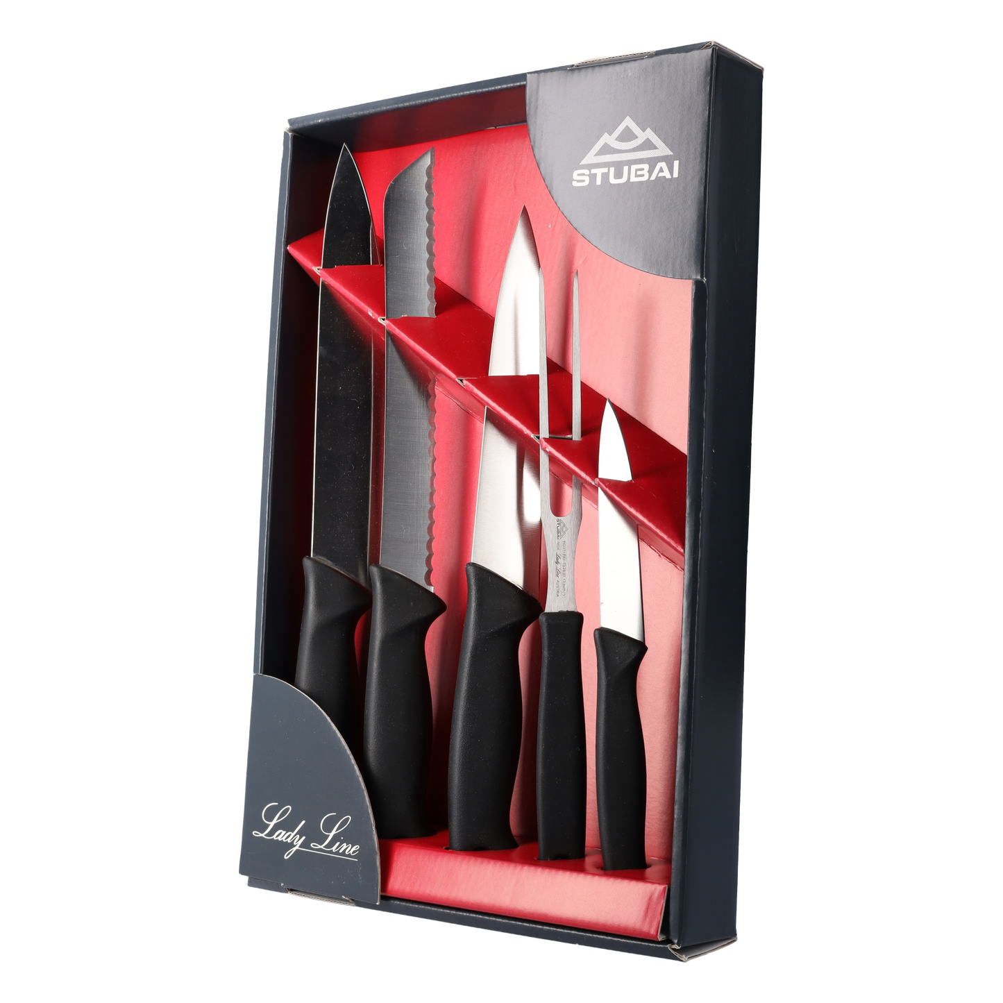 STUBAI 5-teilliges Messerset aus Kochmesser Mittelspitz 200 mm, Brotmesser 180 mm, Küchenmesser Mittelspitz 160 mm, Vorlegegabel gerade 135mm, Gemüsemesser 90 mm | Messerserie Lady Line