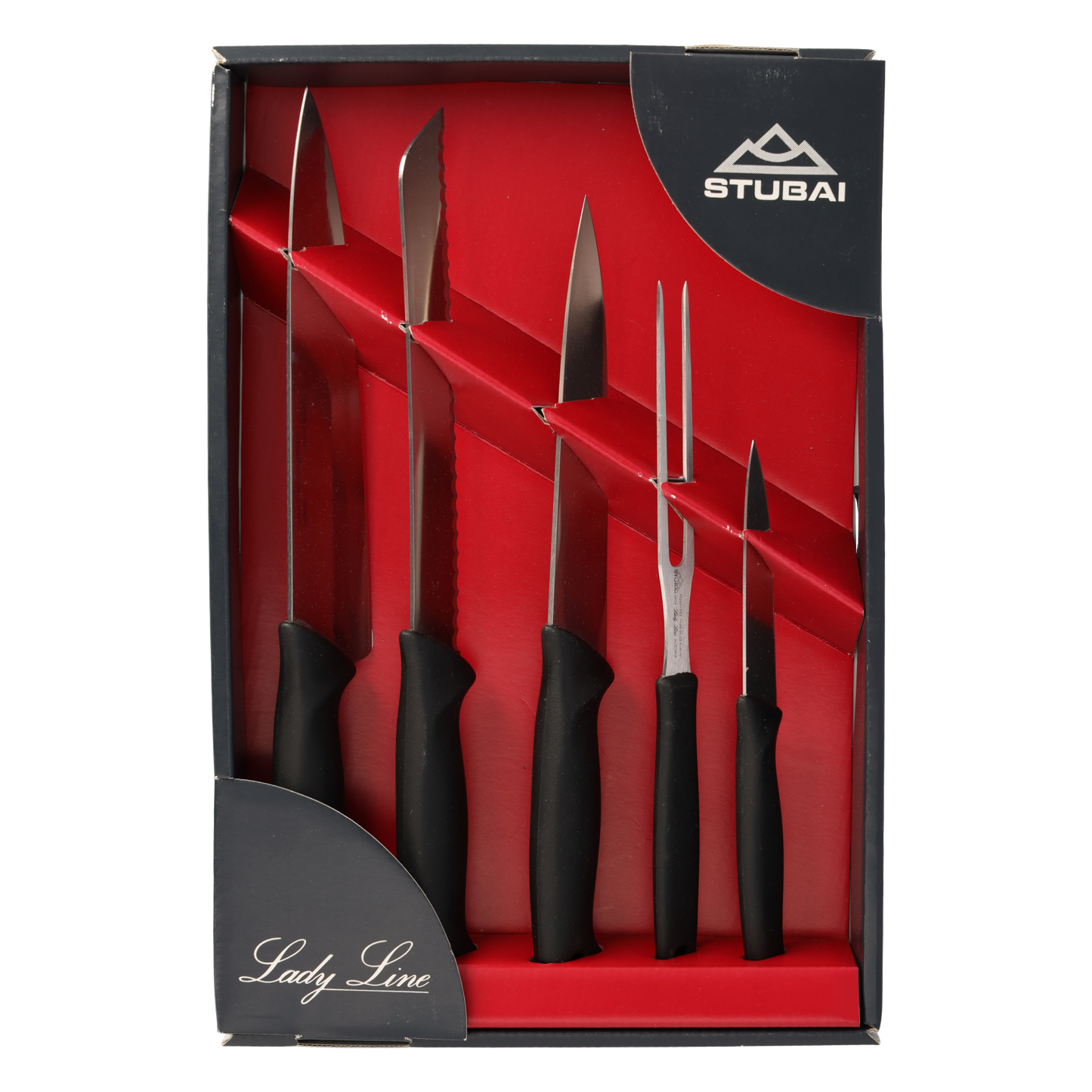 STUBAI 5-teilliges Messerset aus Kochmesser Mittelspitz 200 mm, Brotmesser 180 mm, Küchenmesser Mittelspitz 160 mm, Vorlegegabel gerade 135mm, Gemüsemesser 90 mm | Messerserie Lady Line