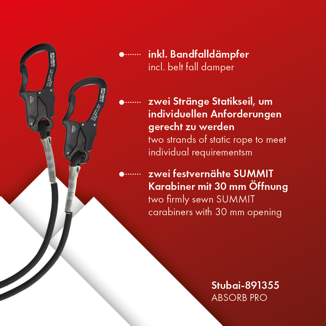 STUBAI Verbindungsmittel ABSORB PRO | zweiarmig 106 cm | Bandfalldämpfer mit einem Strang Statikseil EN 355, 362