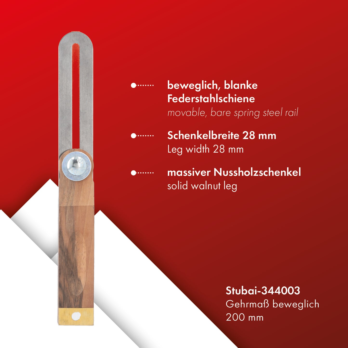 STUBAI Gehrmaß 200 mm beweglich | hochwertige Federstahlschiene mit Nussholzschenkel | Profi Winkelmesser für präzise Messungen und Markierungen
