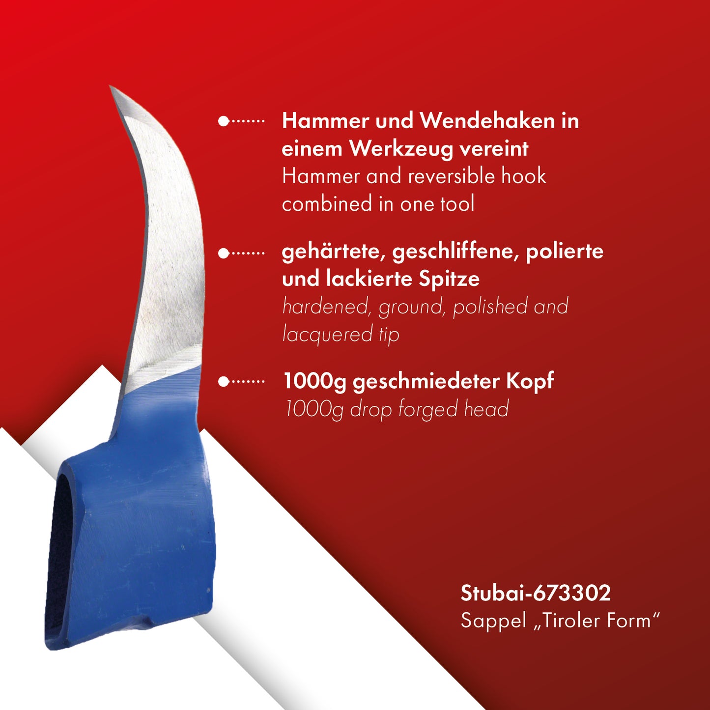STUBAI Sappie-Kopf Tiroler Form | 1000 g Kopfgewicht | Sappel ohne Stiel | gesenkgeschmiedet, Spitze gehärtet, geschliffen, poliert | zum Ziehen und Bewegen von Holzstücken
