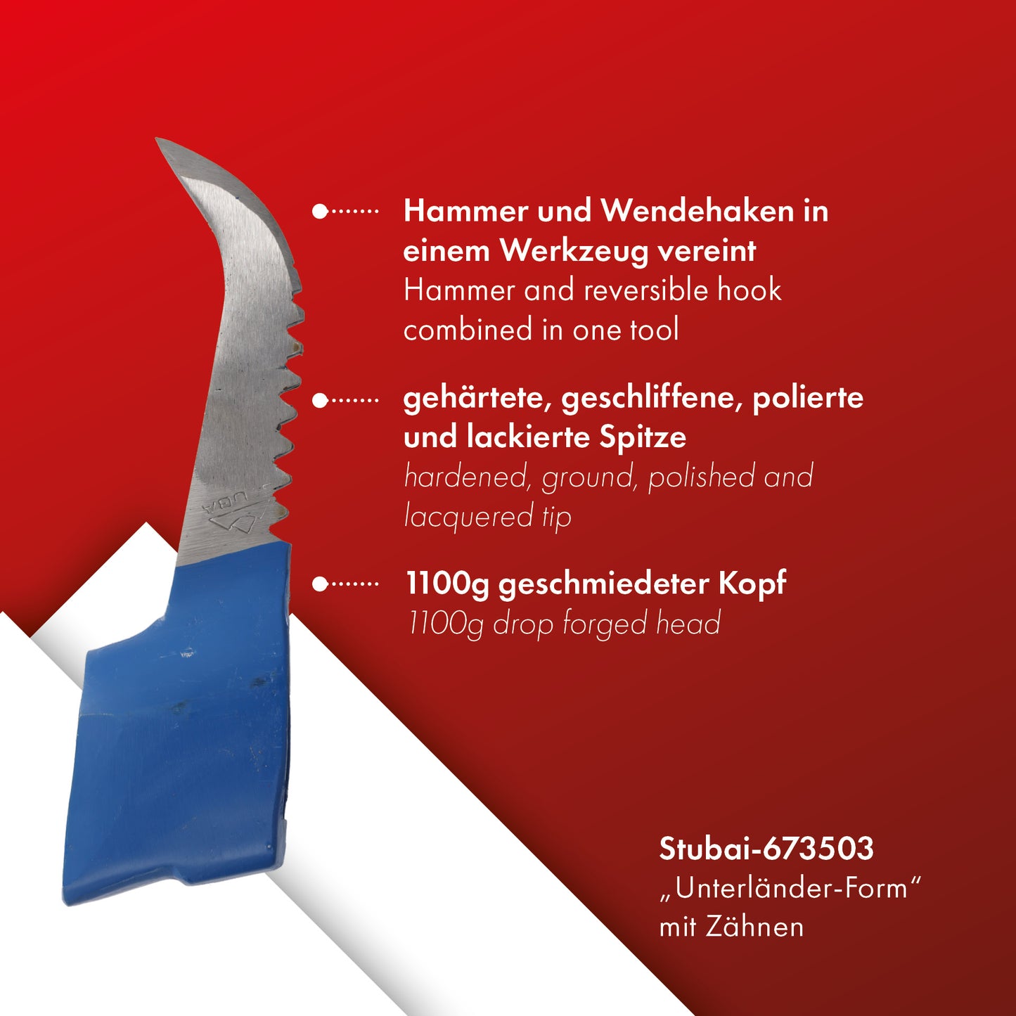 STUBAI Sappie-Kopf Unterländer-Form mit Zahnung | 1100 g Kopfgewicht | Sappel ohne Stiel | gesenkgeschmiedet, Spitze gehärtet, geschliffen, poliert | zum Ziehen und Bewegen von Holzstücken