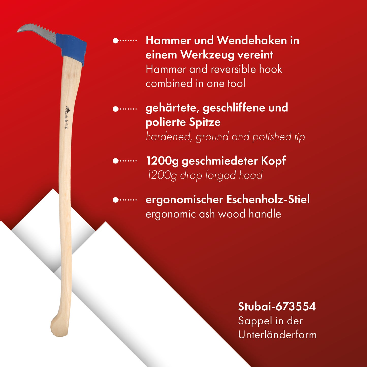 STUBAI Sappie Unterländer-Form mit Zahnung | 1200 g Kopfgewicht | Sappel mit Eschenholz-Stiel | gesenkgeschmiedet, Spitze gehärtet, geschliffen, poliert | zum Ziehen und Bewegen von Holzstücken