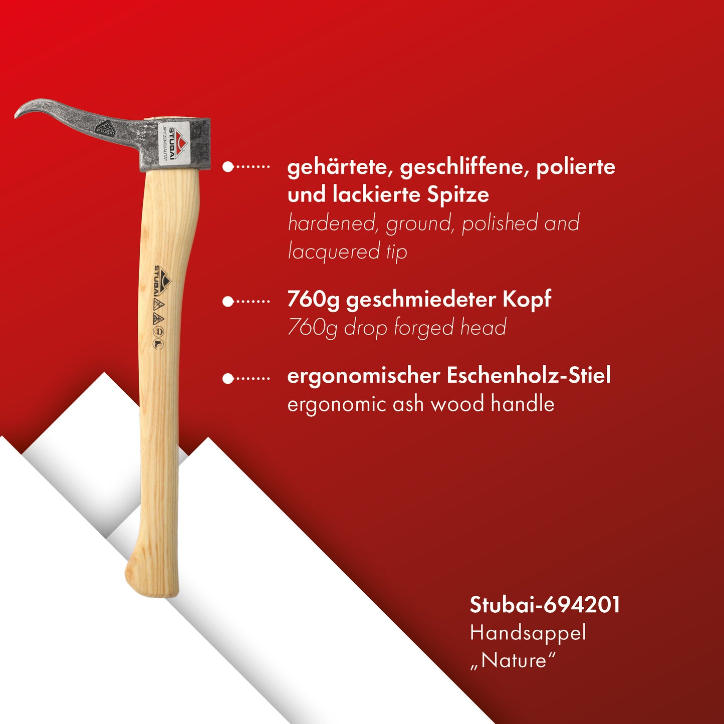 STUBAI Handsappie Nature | 450 mm, 760 g Kopfgewicht | Sappel mit Stiel aus hochwertigem Eschenholz | Wendehaken gesenkgeschmiedet | zum Aufnehmen und Transportieren von Holzstücken