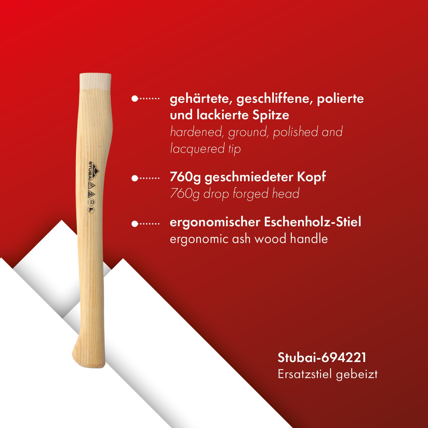 STUBAI Ersatzstiel geölt aus hochwertigem Eschenholz | 450 mm, 350 g | Holzstiel passend zum Handsappie Nature