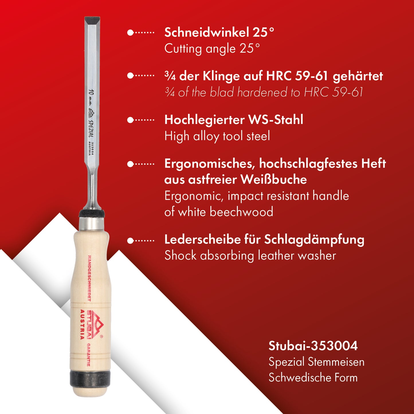 STUBAI Spezial Stechbeitel mit Holzgriff aus Weißbuche, schwedische Form, Ø 10 mm, Stemmeisen zur präzisen Bearbeitung von Holz, Stecheisen für Schreiner Tischler Heimwerker