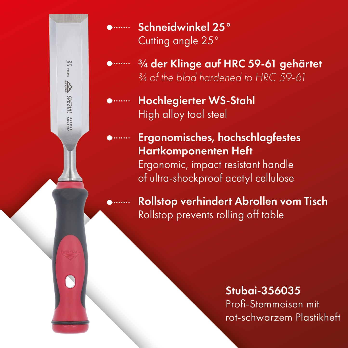 Stemmeisen mit rot-schwarzem 2K-Griff, 35mm, STUBAI Profi Stechbeitel zur präzisen Holzbearbeitung, Stecheisen für Schreiner Tischler