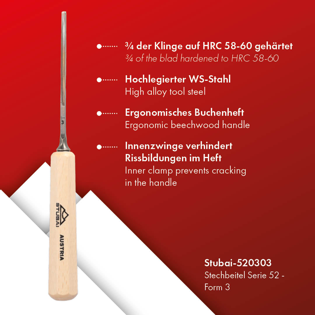 STUBAI Stemmeisen Stechbeitel Serie 52 - Form 3 | Gerades Flacheisen - 3 mm, mit Holzgriff, zum Vorstechen, für Anschlagarbeiten, Schrupparbeiten, Rosetten, zur Bearbeitung von Holz