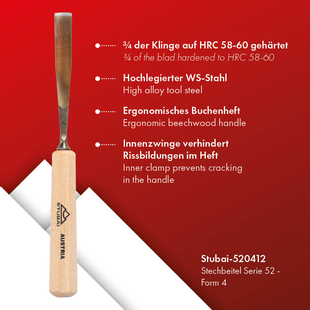 STUBAI Stemmeisen Stechbeitel Serie 52 - Form 4 | Gerades Flacheisen - 12 mm, mit Holzgriff, zum Vorstechen, für Anschlagarbeiten, Schrupparbeiten, Rosetten, zur Bearbeitung von Holz