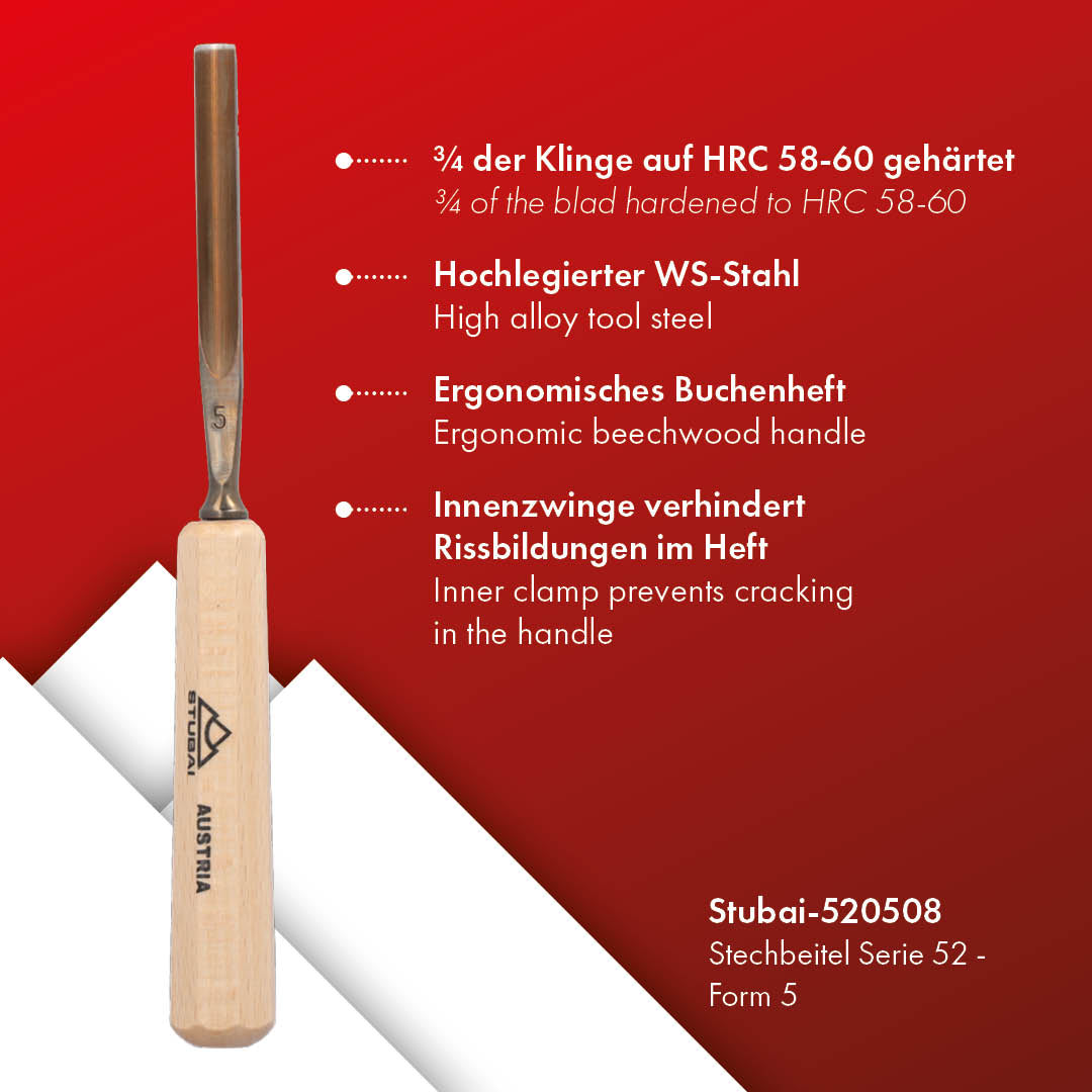 STUBAI Stemmeisen Stechbeitel Serie 52 - Form 5 | Gerades Hohleisen - 8 mm, mit Holzgriff, zum Vorstechen, für Anschlagarbeiten, Schrupparbeiten, Rosetten, zur Bearbeitung von Holz