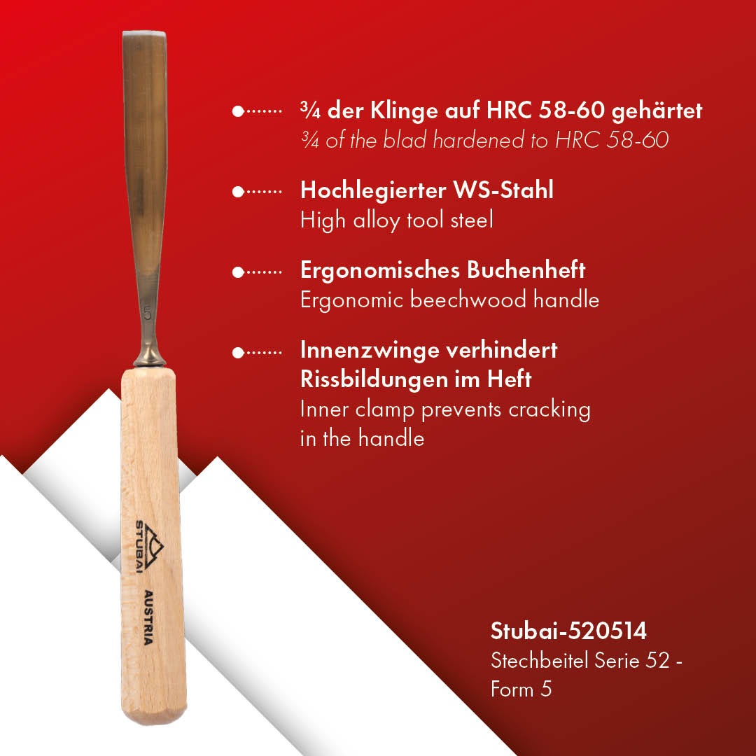 STUBAI Stemmeisen Stechbeitel Serie 52 - Form 5 | Gerades Hohleisen - 14 mm, mit Holzgriff, zum Vorstechen, für Anschlagarbeiten, Schrupparbeiten, Rosetten, zur Bearbeitung von Holz