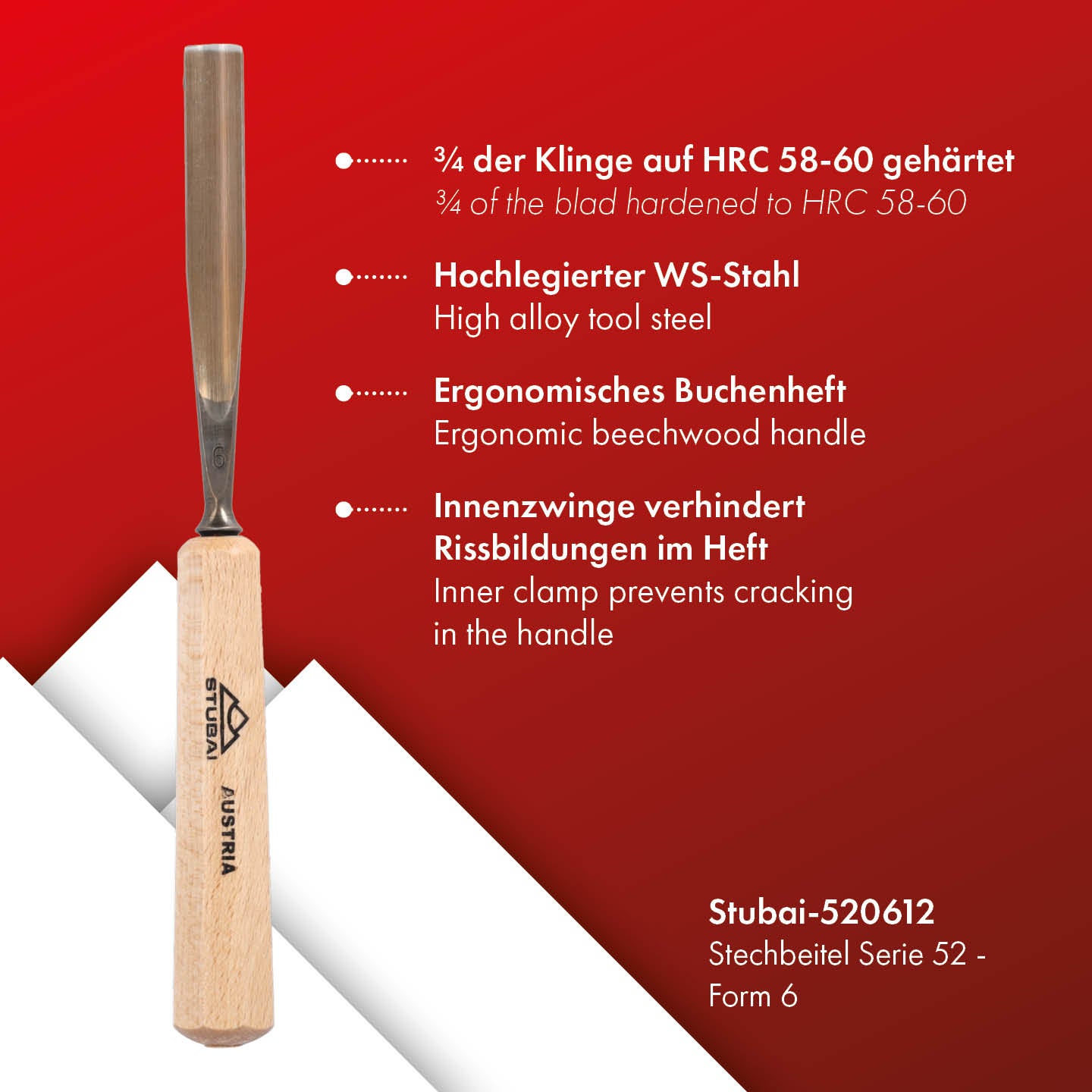 STUBAI Stemmeisen Stechbeitel Serie 52 - Form 6 | Gerades Hohleisen - 12 mm, mit Holzgriff, für Figurenarbeiten, zur präzisen Bearbeitung von Holz, hochwertiges Werkzeug für Schreiner Tischler