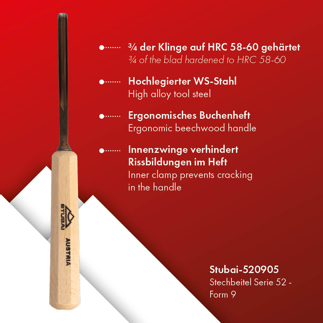 STUBAI Stemmeisen Stechbeitel Serie 52 - Form 9 | Gerades Hohleisen 5 mm, mit Holzgriff, für Figurenarbeiten, Darstellung von welligem Haar und Wasser, zur präzisen Bearbeitung von Holz
