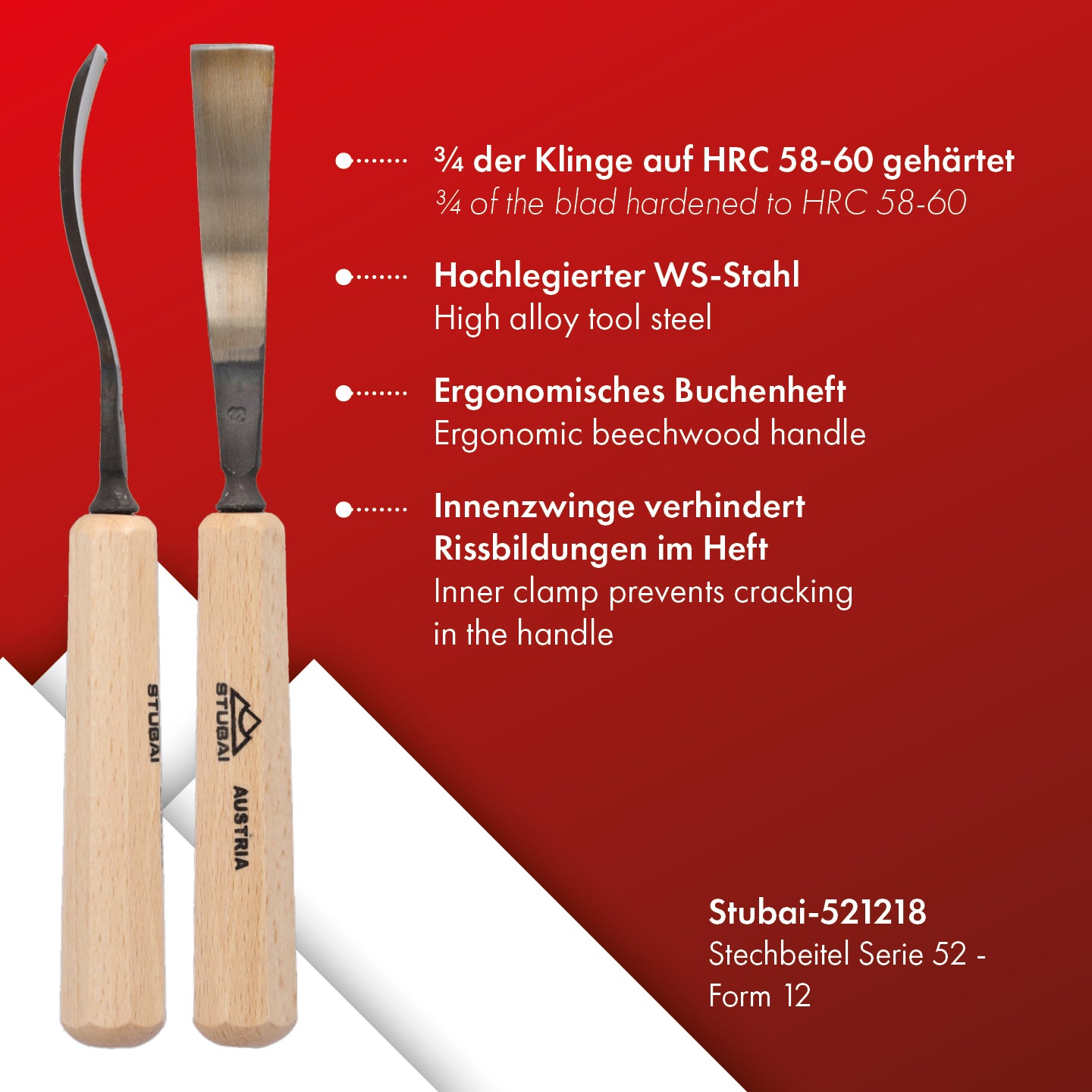 STUBAI Stemmeisen Stechbeitel Serie 52 - Form 12 | Gebogenes Flacheisen 18 mm, mit Holzgriff, zum Vorstechen, für Anschlagarbeiten, Schrupparbeiten, Rosetten, zur Bearbeitung von Holz