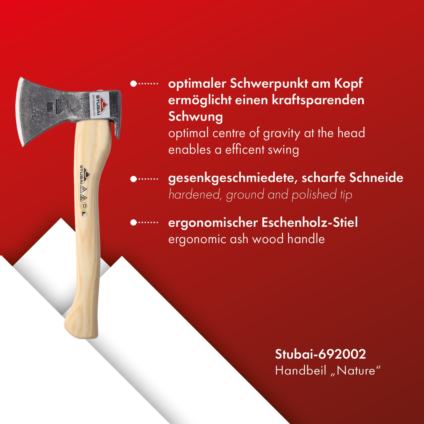 STUBAI Handbeil Nature mit Stiel 380 mm | 800 g | Kleine Axt mit Griff aus Eschenholz | Beil für Wald, Bushcraft | Forstaxt zum Holzspalten