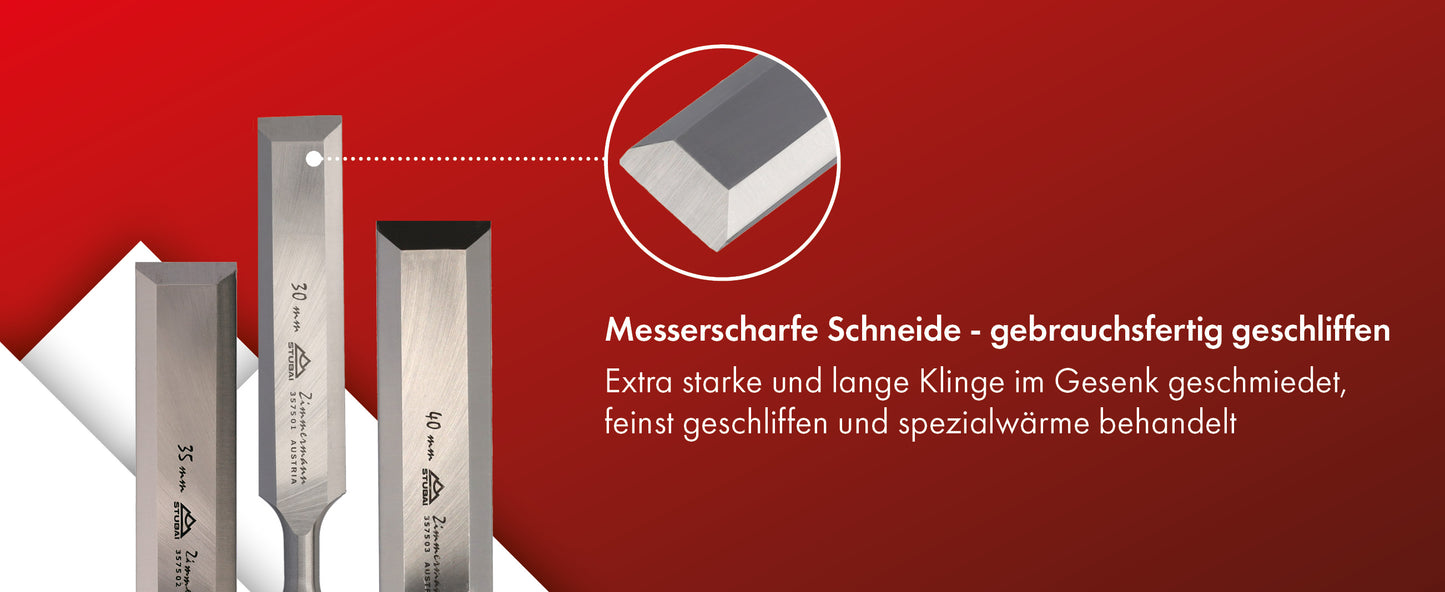 STUBAI Zimmermanns-Stemmeisen Set | 3-teiliges Stechbeitel-Set mit langer Klinge 30/35/40 mm | Ergonomische Weißbuchenholz-Griffe mit Schlagring | Profi Stecheisen für präzise Holzbearbeitung, Schreiner & Tischler