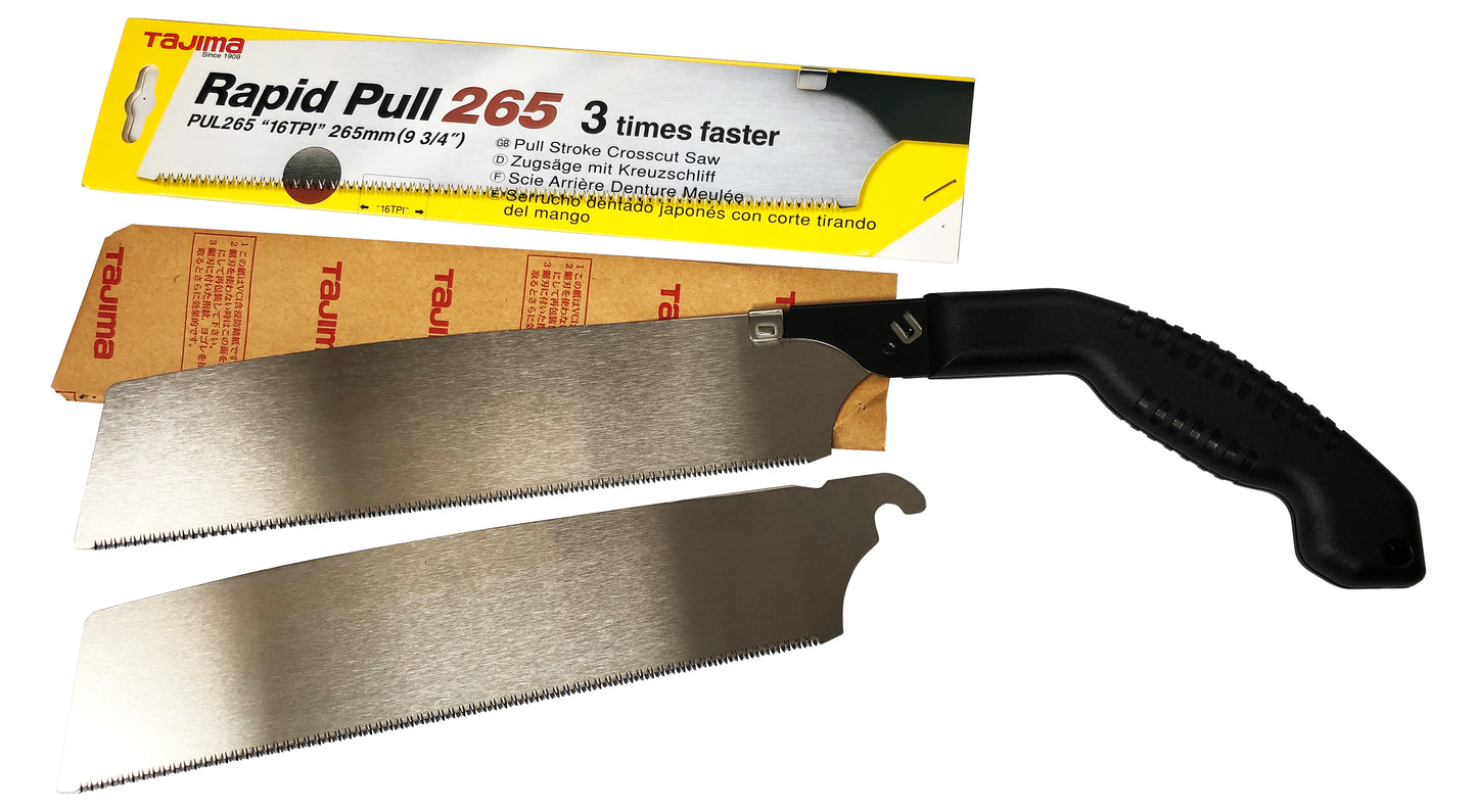 Tajima RAPID PULL Japansäge 265 mm und einem zusätzlichen Sägeblatt 265mm Länge, 16 Zähne pro Zoll, 0,9mm Stärke| mit Pistolen Griff