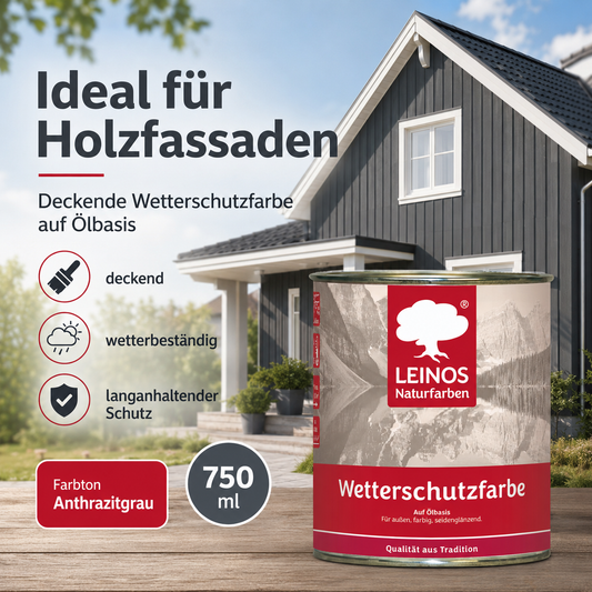 LEINOS Wetterschutzfarbe 750 ml | Anthrazitgrau Holzlasur für Holzfassaden Fenster Gartenhäuser| wetterbeständige Deckfarbe für effektive Versiegelung und langanhaltenden Schutz auf Ölbasis im Außenbereich