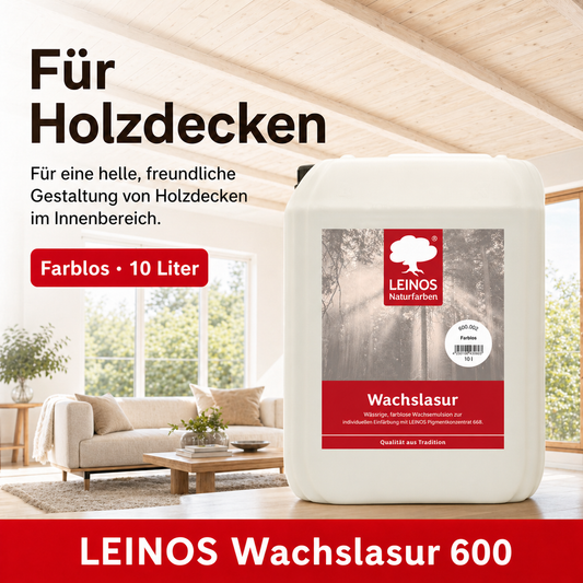 Leinos 600 Wachslasur für Innen 002 farblos 10 Liter – wässrige Holzlasur für Möbel, Holzdecken, Wandverkleidungen und Kinderspielzeug im Innenbereich, weiß, pigmentierbar, leicht aufzutragen