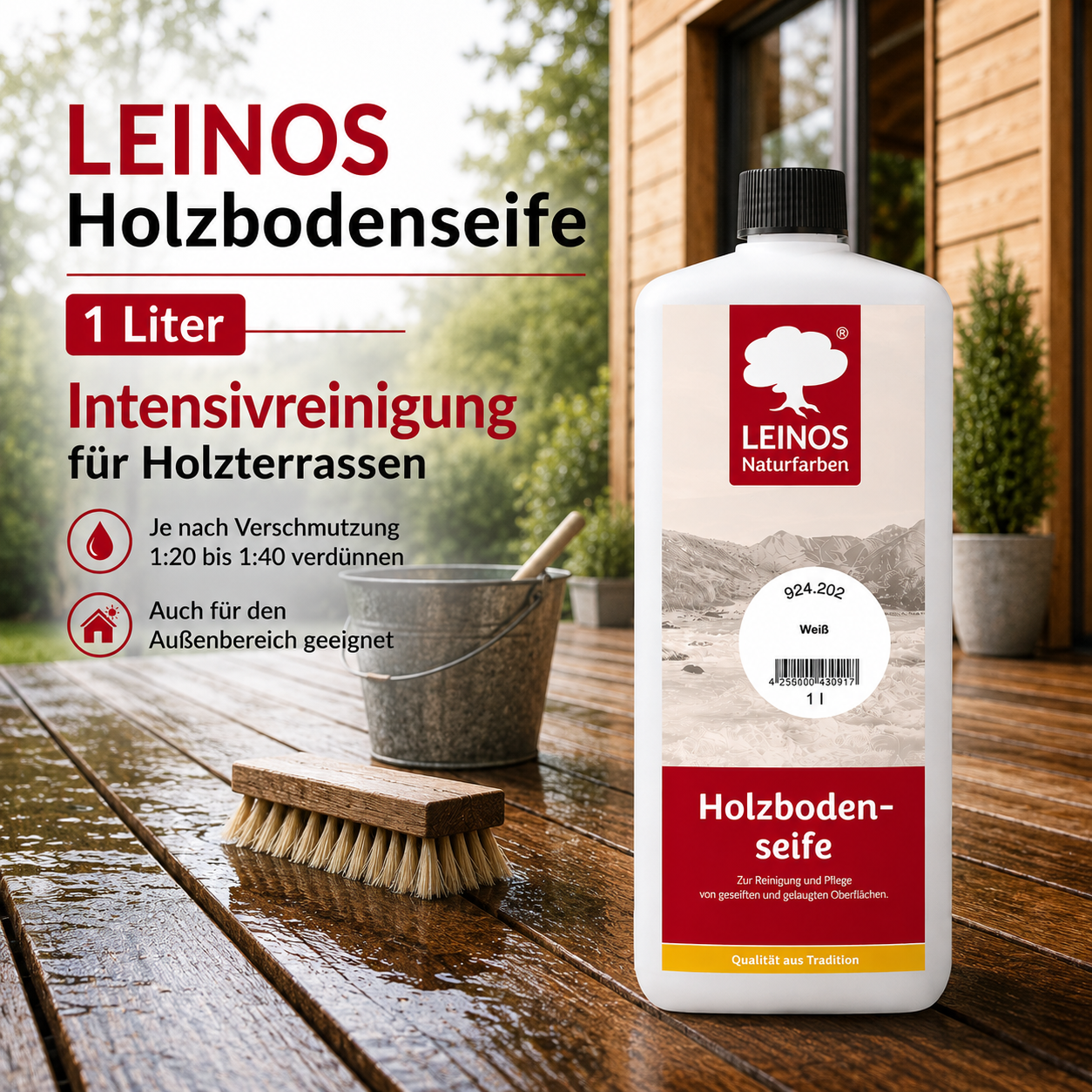 LEINOS Holzbodenseife 924 weiß 1 Liter – hochkonzentrierte Reinigung & Pflege für gelaugte/geseifte Holzböden | für Erstbehandlung 1:10 & Unterhalt 1:40 | rückfettend