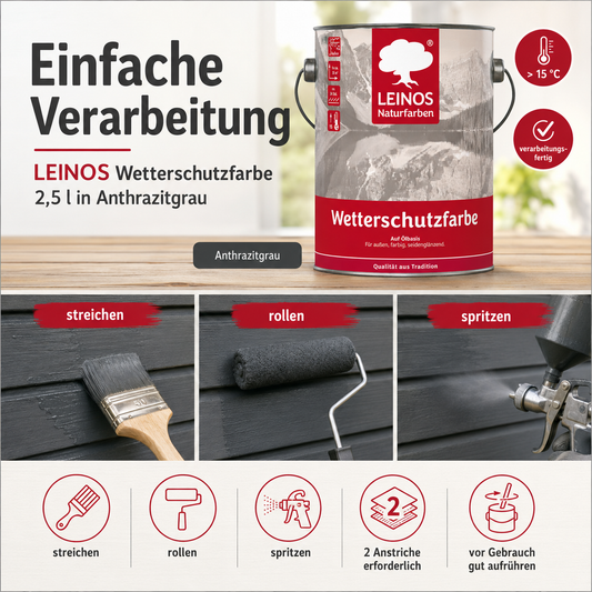LEINOS Wetterschutzfarbe 2,5 l | Anthrazitgrau Holzlasur für Holzfassaden Fenster Gartenhäuser| wetterbeständige Deckfarbe für effektive Versiegelung und langanhaltenden Schutz auf Ölbasis im Außenbereich