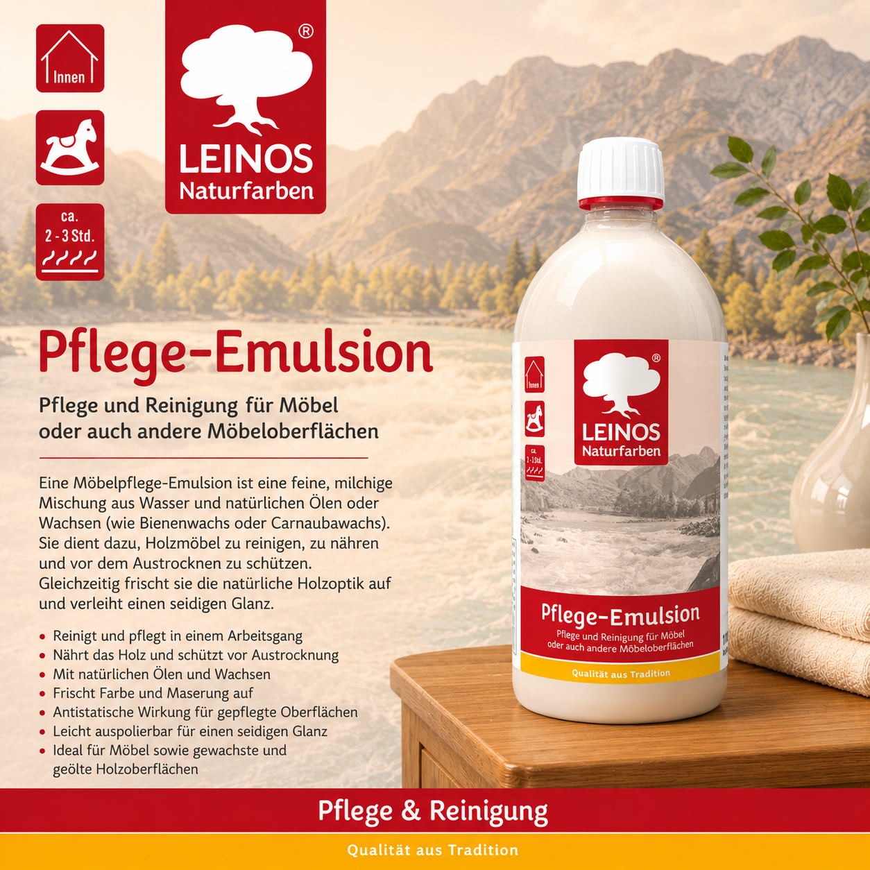 LEINOS Pflege-Emulsion 925 | 1 Liter Pflege für geölte & gewachste Holzoberflächen | antistatisch, hochpolierbar | seidiger Glanz für Möbel, Tische & Innenflächen im Innenbereich für Holzpflege pur