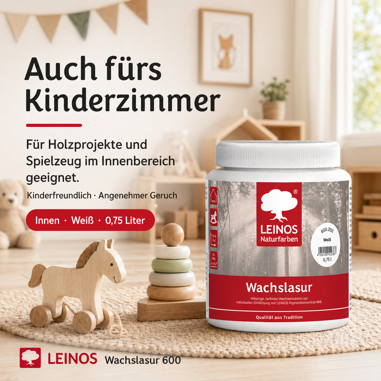 Leinos 600 Wachslasur für Innen 202 Weiß 0,75 l – wässrige Holzlasur für Möbel, Holzdecken, Wandverkleidungen und Kinderspielzeug im Innenbereich, weiß, pigmentierbar, leicht aufzutragen