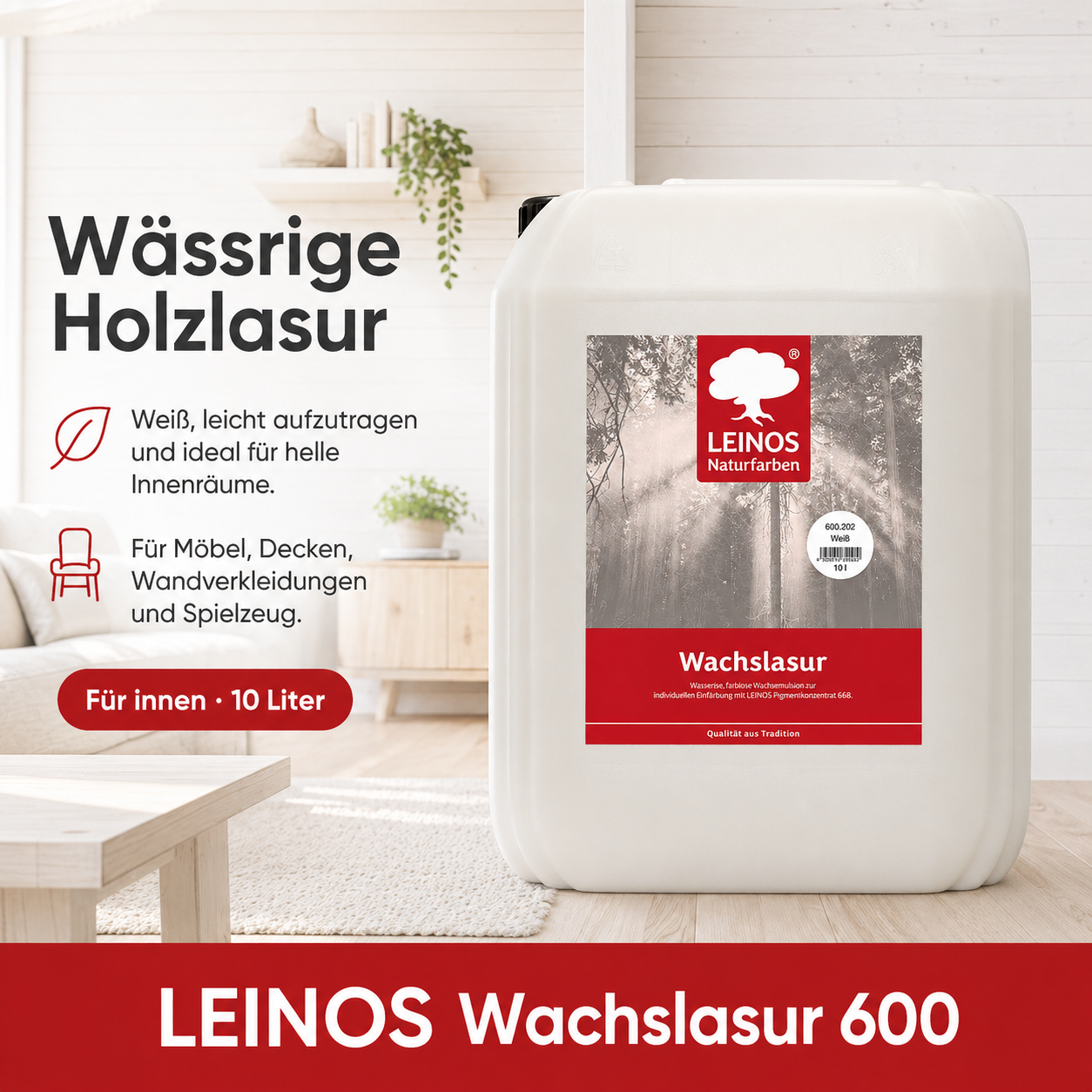 Leinos 600 Wachslasur für Innen 202 10 Liter weiß – wässrige Holzlasur für Möbel, Holzdecken, Wandverkleidungen und Kinderspielzeug im Innenbereich, weiß, pigmentierbar, leicht aufzutragen
