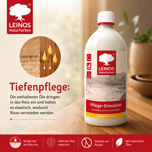 LEINOS Pflege-Emulsion 925 | 1 Liter Pflege für geölte & gewachste Holzoberflächen | antistatisch, hochpolierbar | seidiger Glanz für Möbel, Tische & Innenflächen im Innenbereich für Holzpflege pur
