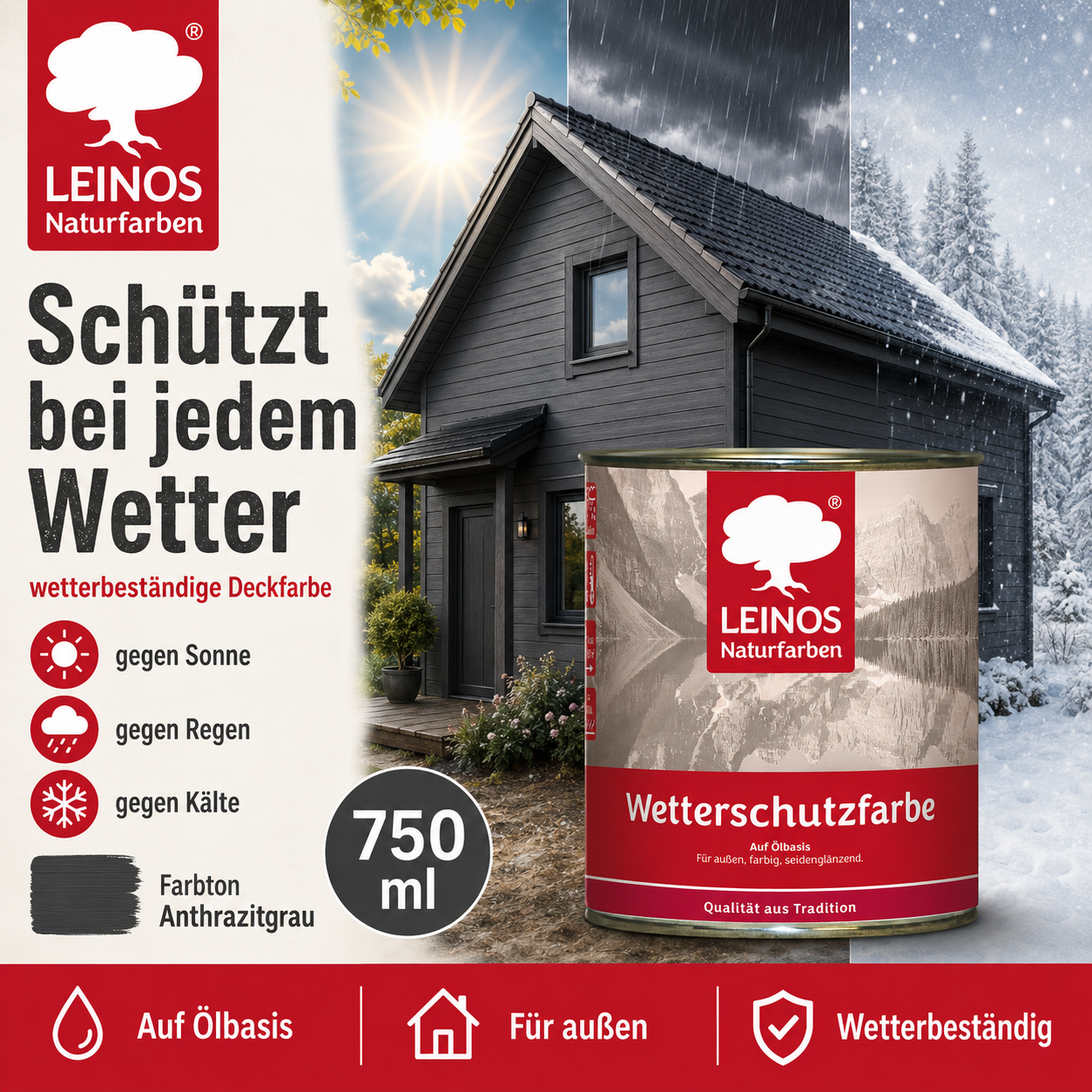 LEINOS Wetterschutzfarbe 750 ml | Anthrazitgrau Holzlasur für Holzfassaden Fenster Gartenhäuser| wetterbeständige Deckfarbe für effektive Versiegelung und langanhaltenden Schutz auf Ölbasis im Außenbereich