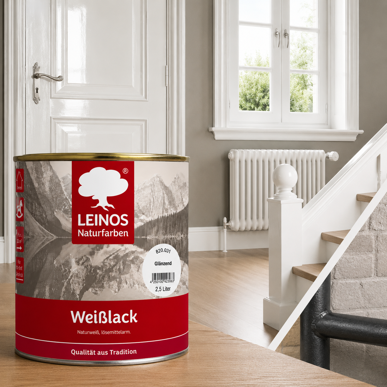 LEINOS 820 Weißlack Glänzend | 0,25 L Innen & Außen | Wohngesunder Naturharz-Öl Lack, wasserfest & langlebig | ca. 2 m² Reichweite | Für kleine Flächen, Möbelstücke & Ausbesserungen