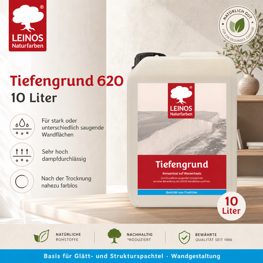 LEINOS Tiefengrund 620 10 Liter – natürliche Grundierung für stark saugende Untergründe | Transparent, hoch dampfdurchlässig | Vorbereitung für Wandfarbe & Putz | 1L reicht für bis zu 25 m²