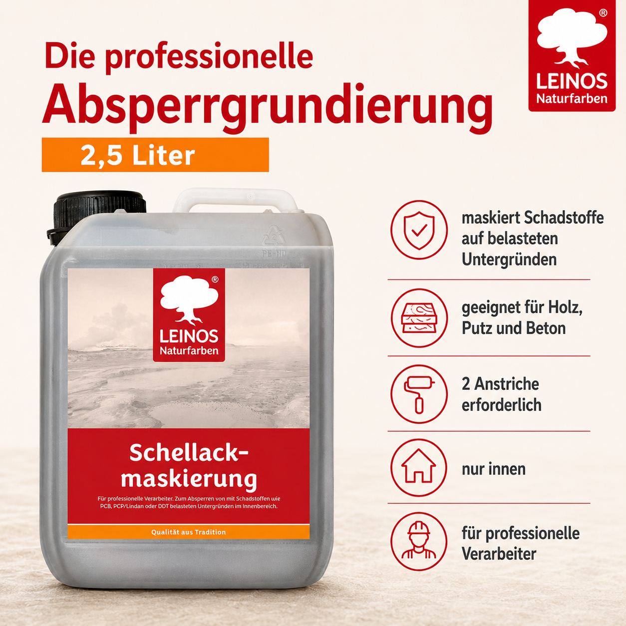 LEINOS 955 Schellackmaskierung 2,50 l | Zum Absperren von mit Schadstoffen wie PCB, PCP/Lindan oder DDT belasteten Untergründen. Nur im Innenbereich