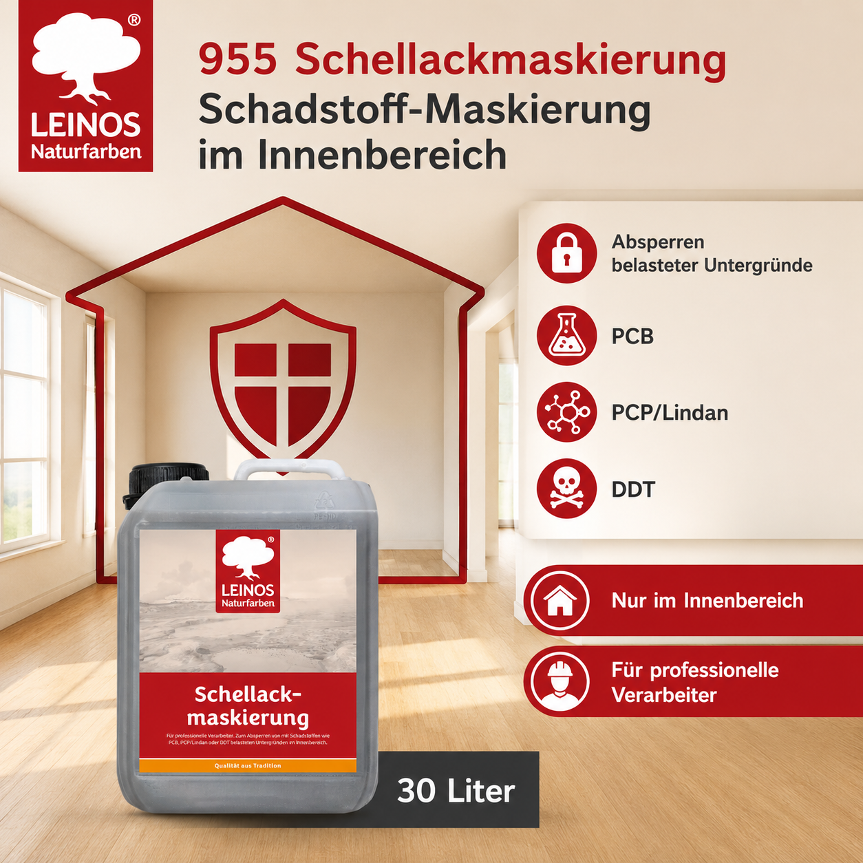 LEINOS 955 Schellackmaskierung 30,0 l | Zum Absperren von mit Schadstoffen wie PCB, PCP/Lindan oder DDT belasteten Untergründen. Nur im Innenbereich