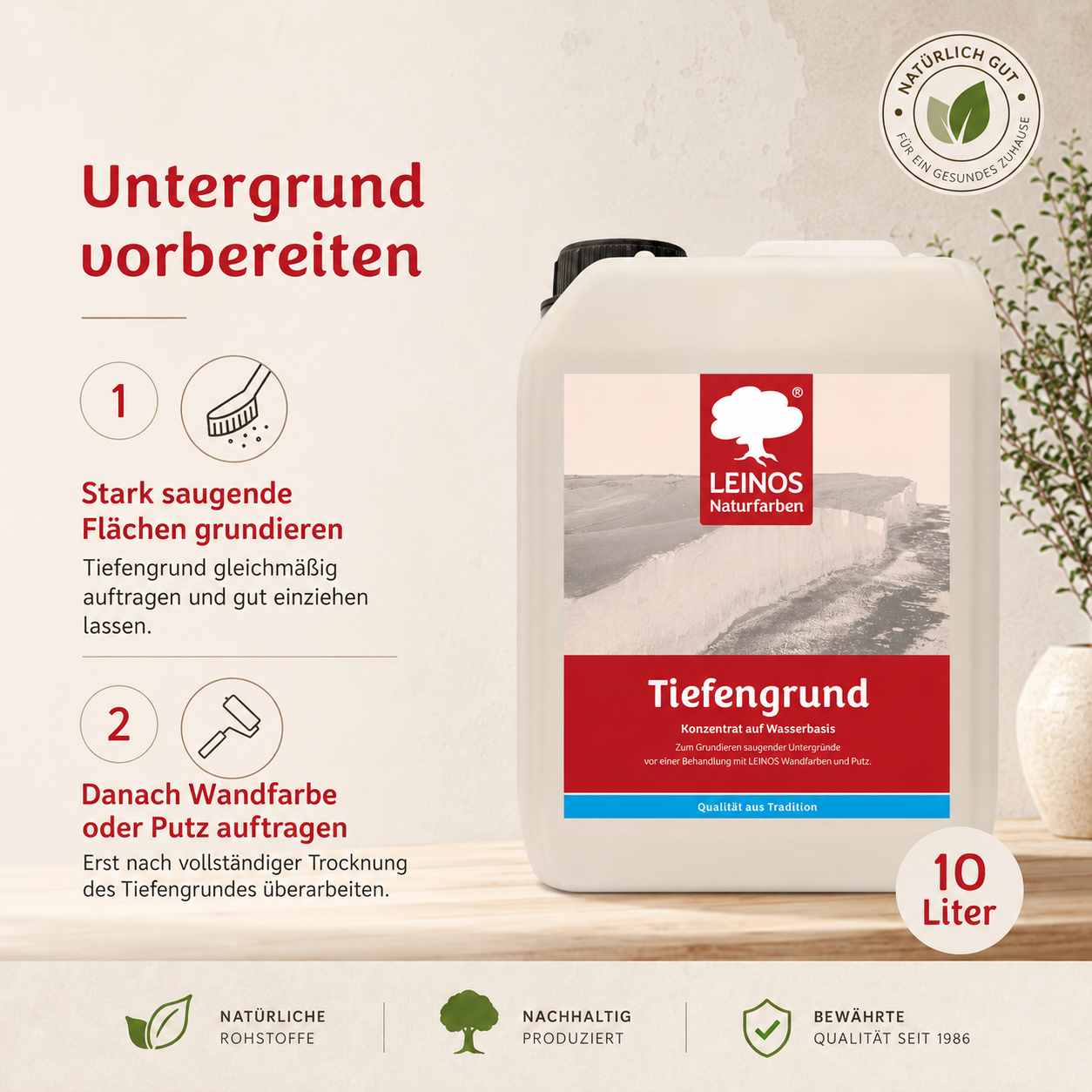 LEINOS Tiefengrund 620 10 Liter – natürliche Grundierung für stark saugende Untergründe | Transparent, hoch dampfdurchlässig | Vorbereitung für Wandfarbe & Putz | 1L reicht für bis zu 25 m²