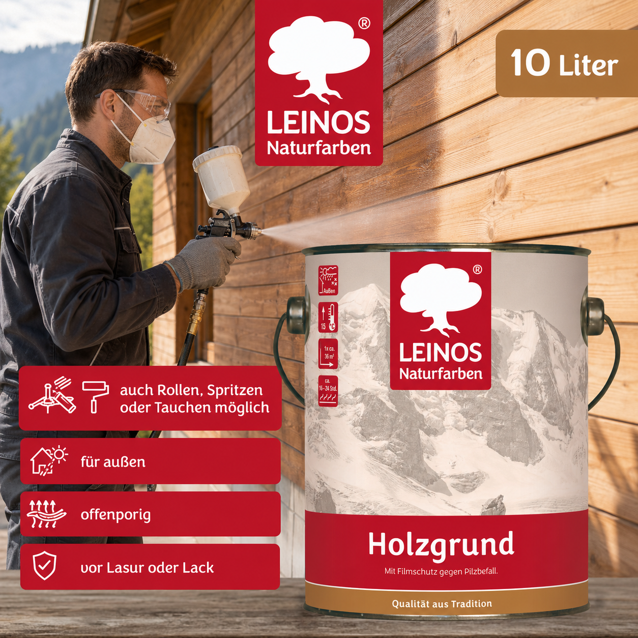 LEINOS 150 Holzgrund 10 l – offenporige Holzgrundierung für Lack- und Lasuranstriche außen, mit Filmschutz gegen Bläuebefall, tiefenwirksam, transparent-bräunlich, reicht bis ca. 144 m²