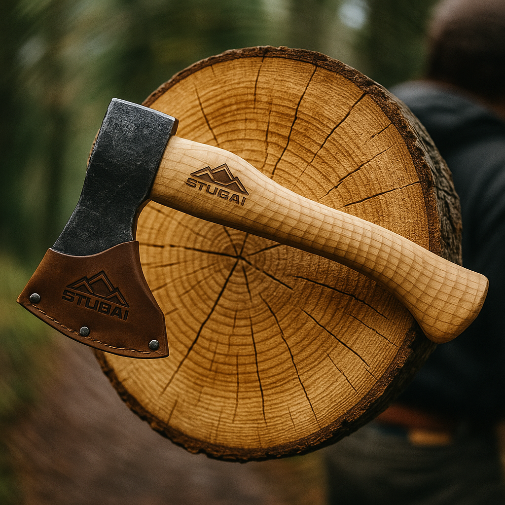 STUBAI Campingbeil „Habicht“ 1.100 g – Handgeschmiedet aus Kohlenstoffstahl, 340 mm, geölter Hickorystiel, Lederscheide – Outdoor, Bushcraft, Survival