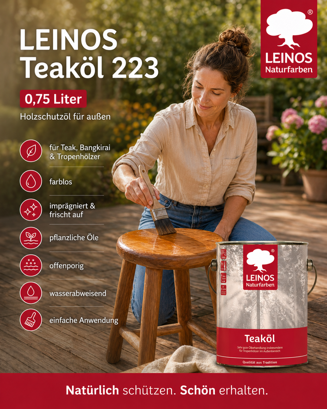 LEINOS Teaköl 223 – 0,75 Liter Holzschutzöl für außen, farblos, für Teak, Bangkirai & Tropenhölzer, imprägniert & frischt auf, pflanzliche Öle, offenporig, wasserabweisend, einfache Anwendung