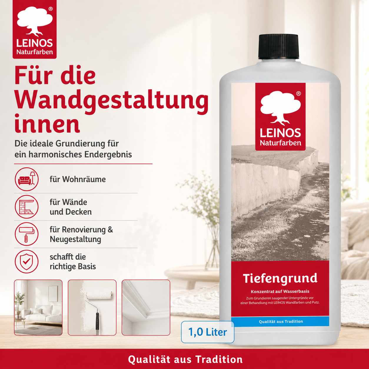 LEINOS Tiefengrund 620/ 1 Liter – natürliche Grundierung für stark saugende Untergründe | Transparent, hoch dampfdurchlässig | Vorbereitung für Wandfarbe & Putz | 1L reicht für bis zu 25 m²