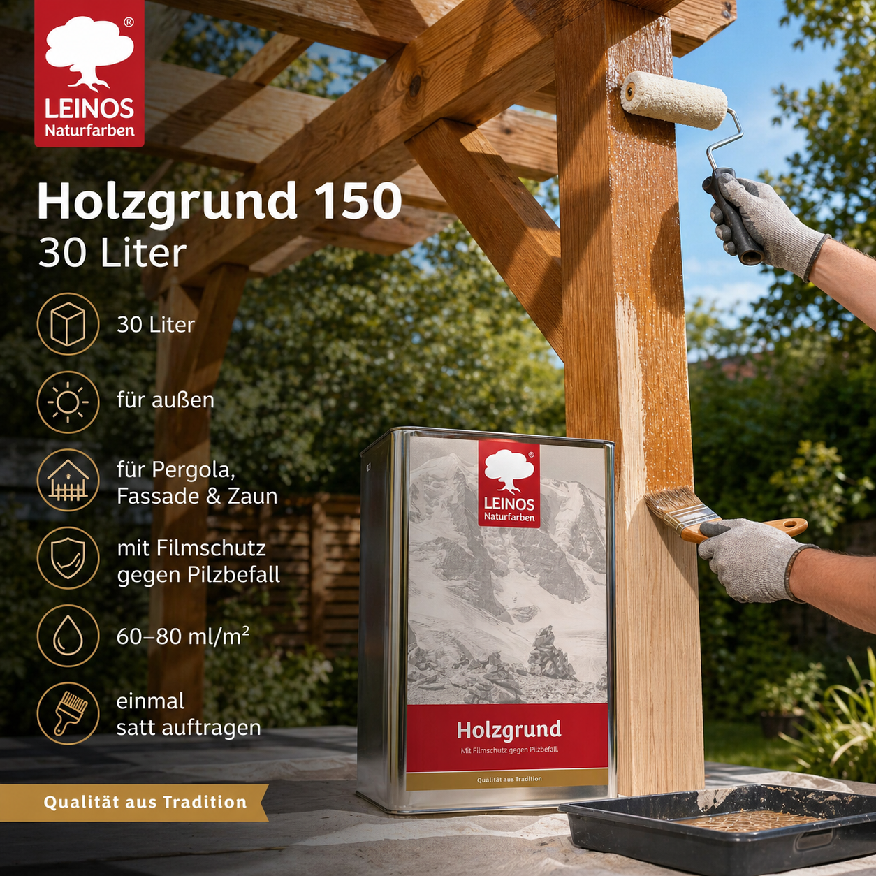 LEINOS 150 Holzgrund 30 l – offenporige Holzgrundierung für Lack- und Lasuranstriche außen, mit Filmschutz gegen Bläuebefall, tiefenwirksam, transparent-bräunlich, reicht bis ca. 144 m²