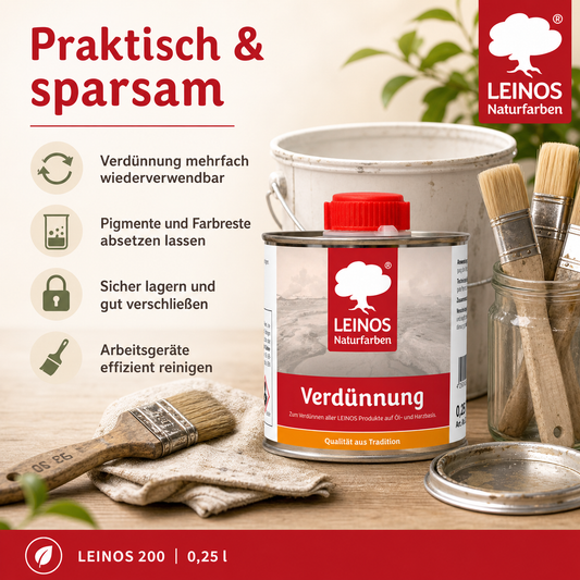 LEINOS 200 Verdünnung 0,25 Liter | Zum Verdünnen aller öligen Produkte sowie zur Reinigung der Arbeitsgeräte. Auch als Fleckentferner geeignet.