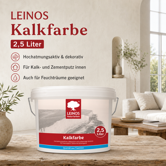 LEINOS Kalkfarbe 665 – Hochatmungsaktive Wandfarbe für Innen | Naturweiß, matt & mineralisch | Lösemittelfrei, schimmelvorbeugend, abtönbar | 2,5 L für ca. 16 m² | für mineralische Untergründe