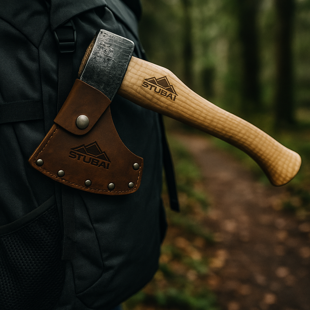 STUBAI Campingbeil „Habicht“ 1.100 g – Handgeschmiedet aus Kohlenstoffstahl, 340 mm, geölter Hickorystiel, Lederscheide – Outdoor, Bushcraft, Survival