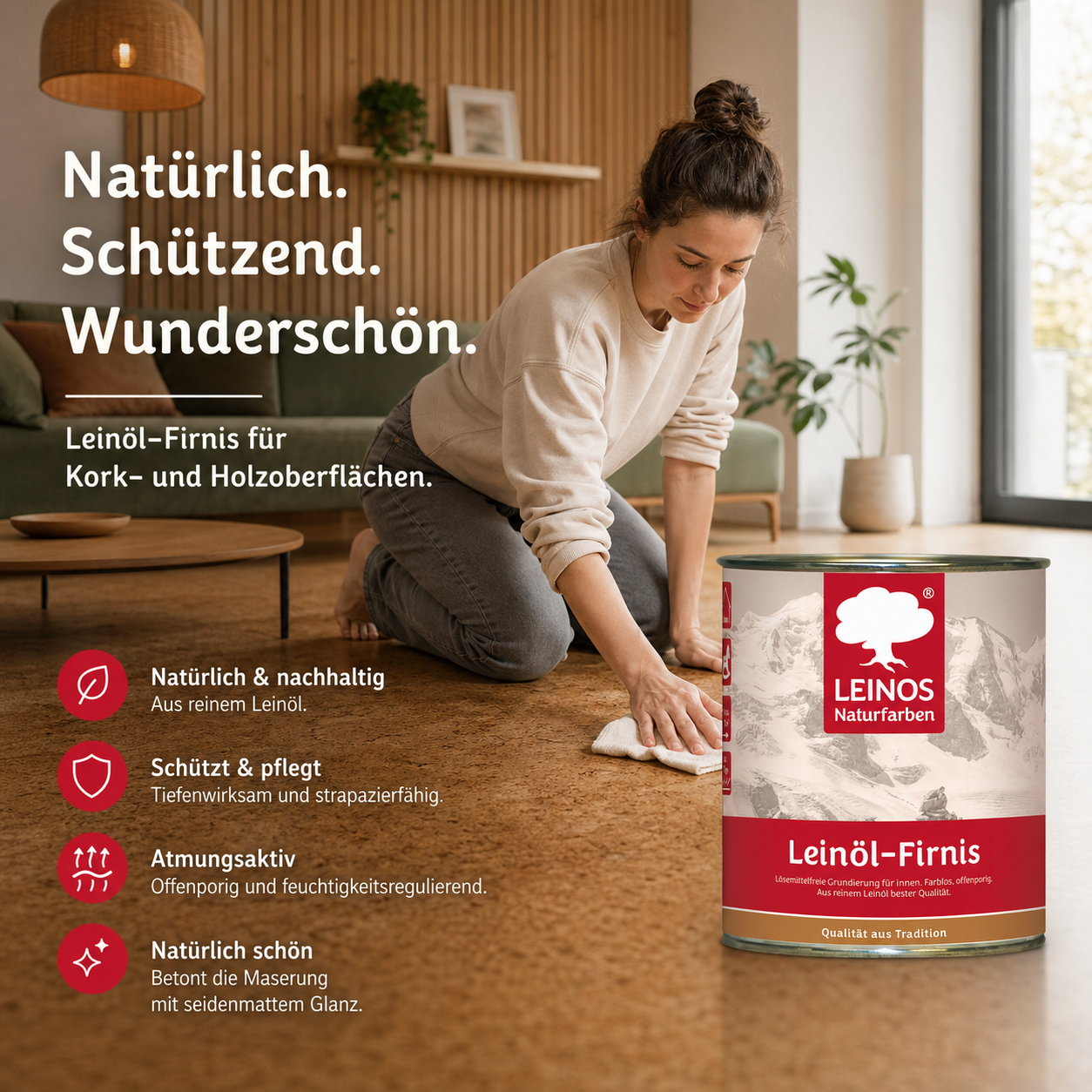 LEINOS Leinöl-Firnis 230 – 0,75 L für innen und außen – offenporige Grundierung für stark saugende Untergründe wie Hirnholzparkett, Kork, Terracotta – lösungsmittelfrei – ohne Filmschutz außen