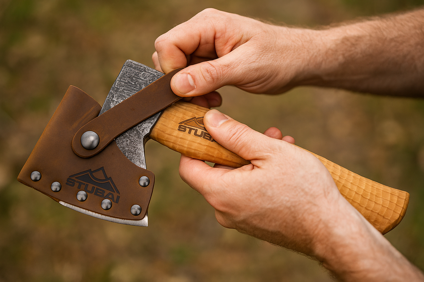 STUBAI Campingbeil Serles 800 g – Handgeschmiedet aus Kohlenstoffstahl, 240 mm, inkl. Lederscheide, geölter Hickorystiel – Outdoor, Bushcraft, Survival