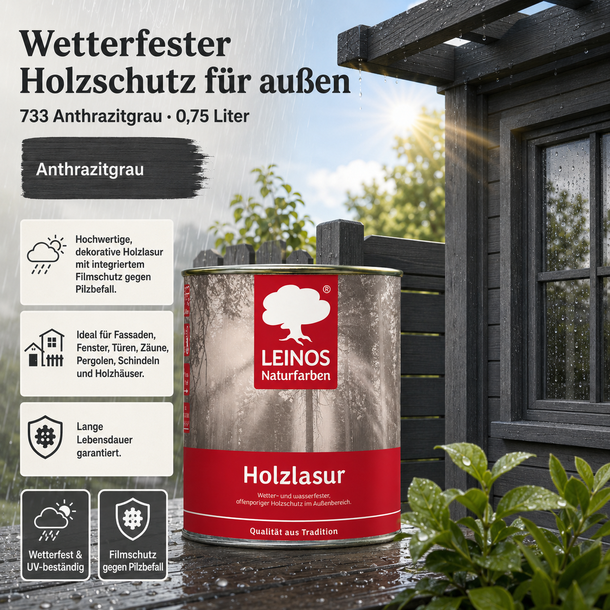 Wetterfeste Holzlasur für Außen 733 Anthrazitgrau 0,75 Liter - offenporiger Holzschutz mit Filmschutz gegen Pilzbefall - für Fenster, Türen, Zäune & Pergolen - wasserabweisend, lasierend