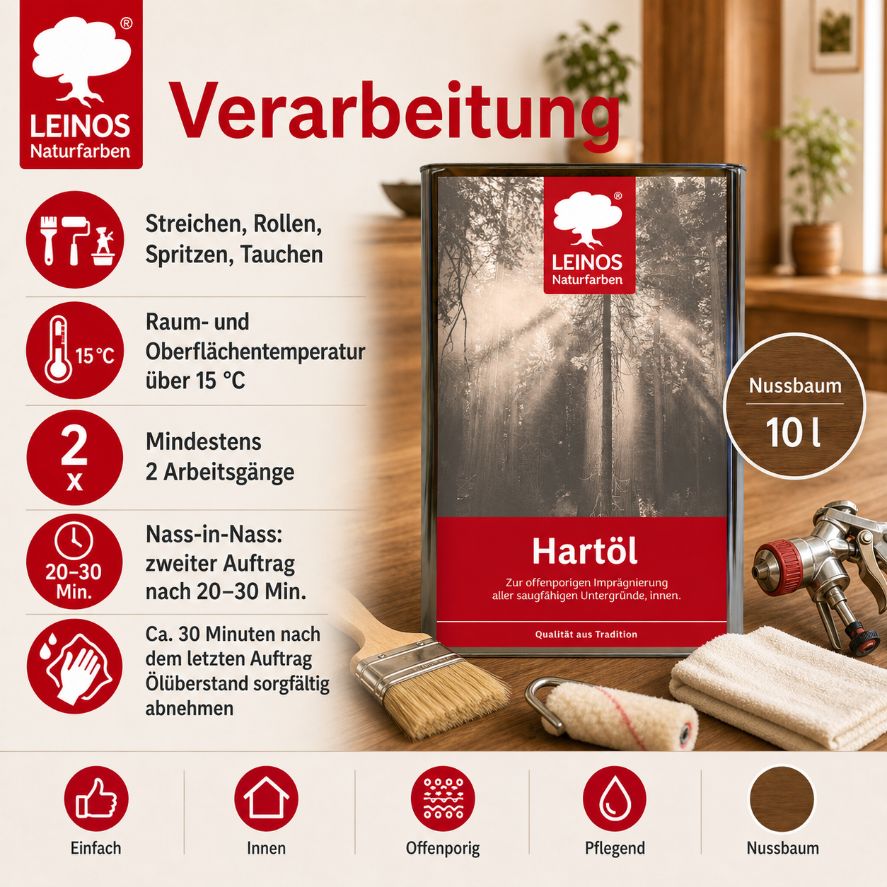 LEINOS Holzöl 10 l | Hartöl Nussbaum für Tische Möbel Arbeitsplatten | Teak Eiche Möbelöl für effektive Versiegelung und langanhaltenden Schutz im Innenbereich