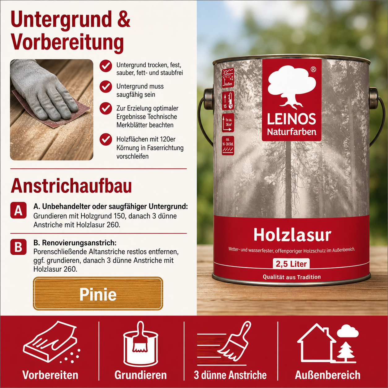 Wetterfeste Holzlasur für Außen 022 Pinie 0,75 Liter - offenporiger Holzschutz mit Filmschutz gegen Pilzbefall - für Fenster, Türen, Zäune & Pergolen - wasserabweisend, lasierend